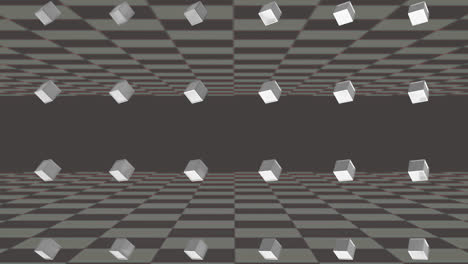 rows of rotating white cubes with black and grey checkerboard moving top and bottom