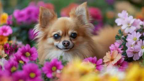 chihuahua puppy surrounded by flowers