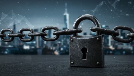a close-up view of a locked padlock and chain against a blurry city skyline, symbolizing security, protection, and resilience in a digital age