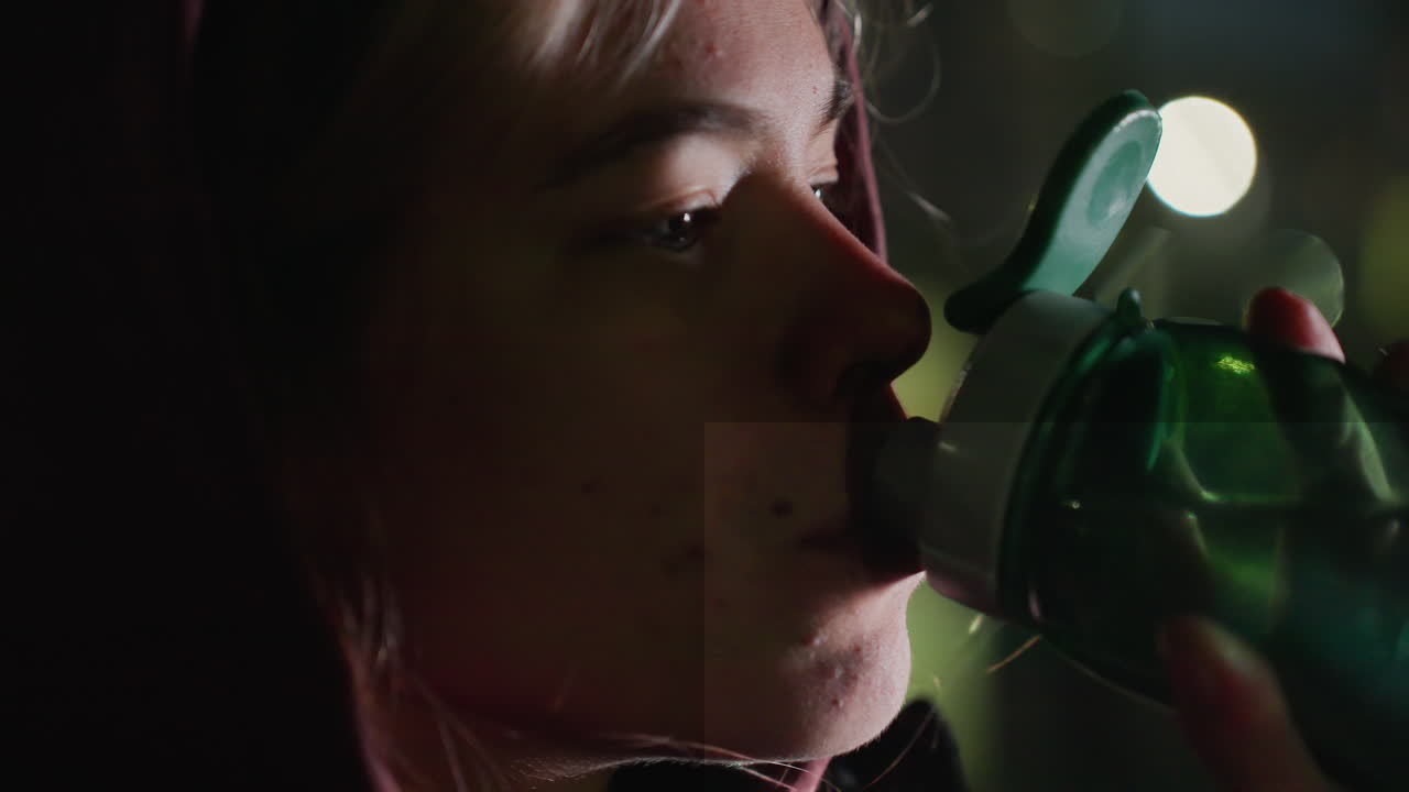 Female athlete sipping water from transparent sports bottle under blurred city lights at twilight while hydrating after intense workout outdoors on urban bench for refreshing recovery moment