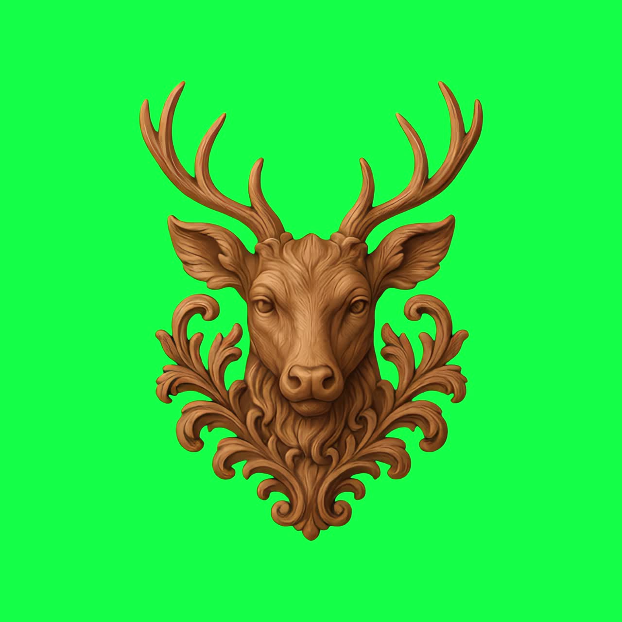 Animazione di design di scultura di testa di cervo decorata, video 4K trasparente, green screen