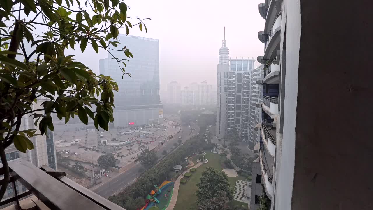A balcony view from Pinnacle residence of the smog an pollution in Gurgaon, India.