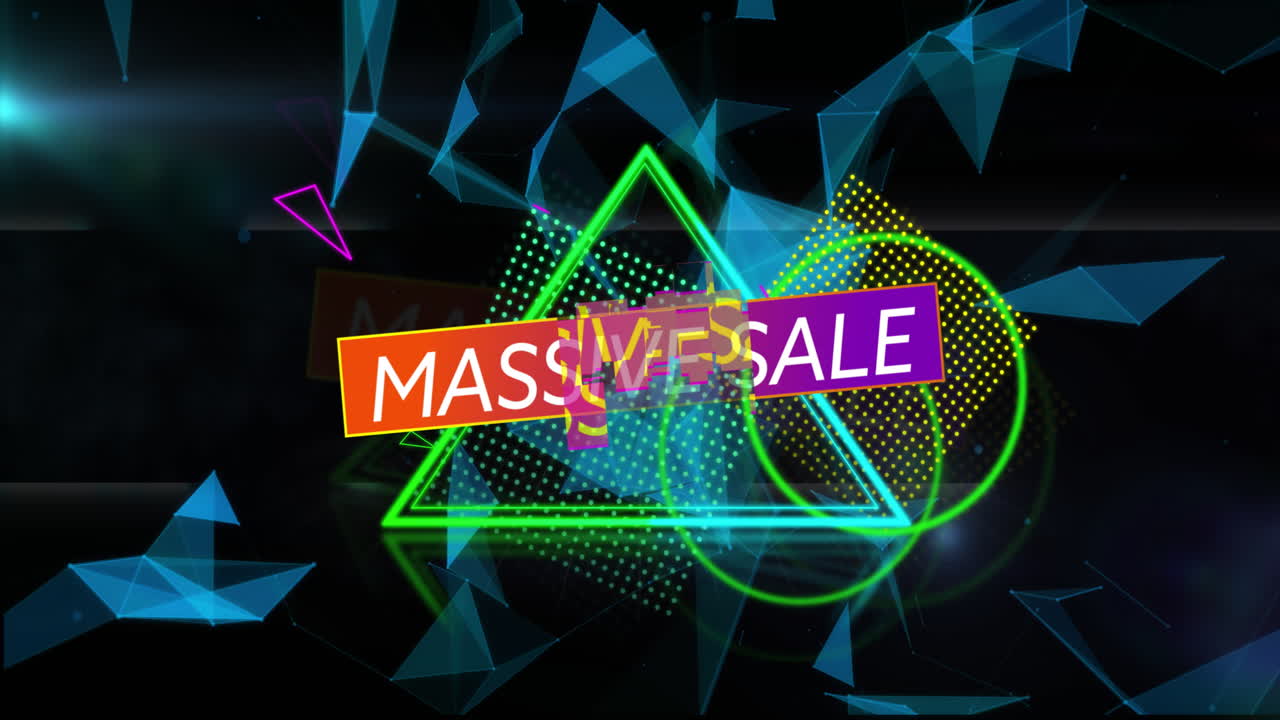 다채로운 기하학적 모양과 어두운 배경 위에 거대한 텍스트 애니메이션 판매