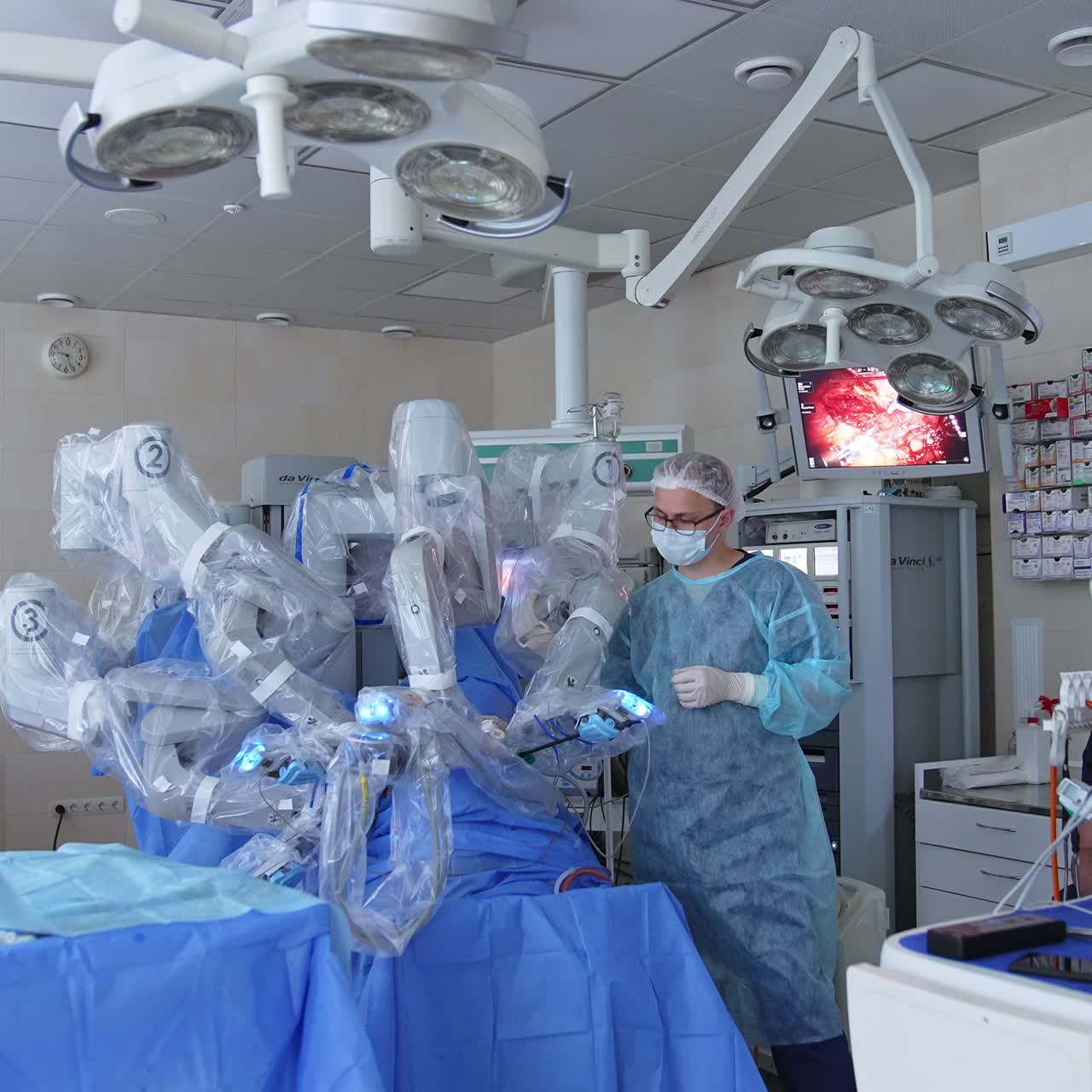 Modern surgery robot making surgical proccess. Healthcare surgery machine in modern hospital