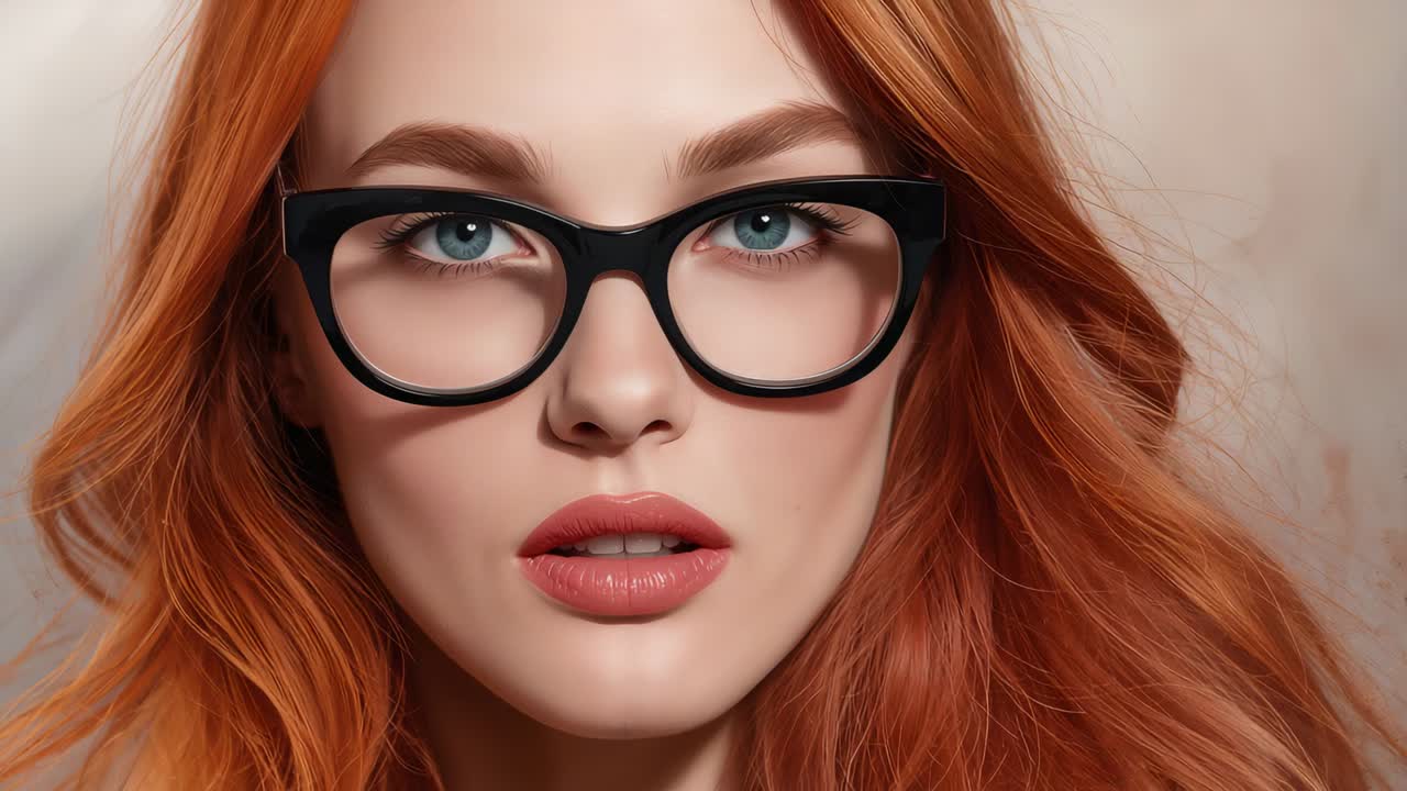 Following gaze shift, red-haired woman wearing black-framed glasses turning head to right in studio