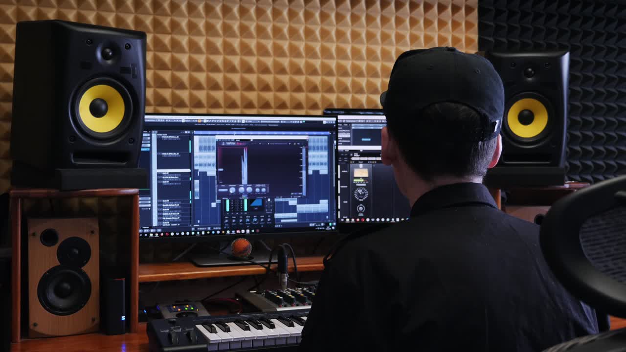 모니터와 이라이저를 가진 가정 음악 스튜디오에서 작업하는 사운드 엔지니어, 팝 록 트랙을 싱하고 마스터링하는 음악 엔지니어