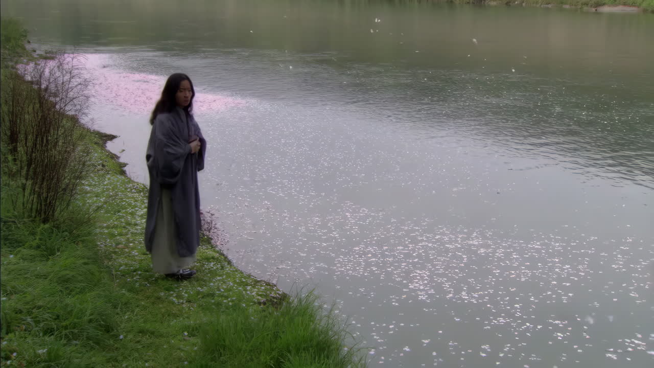 Person standing by a river with fallen cherry blossoms