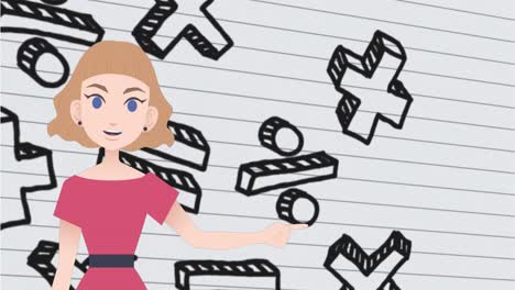 animación de una mujer hablando sobre símbolos matemáticos