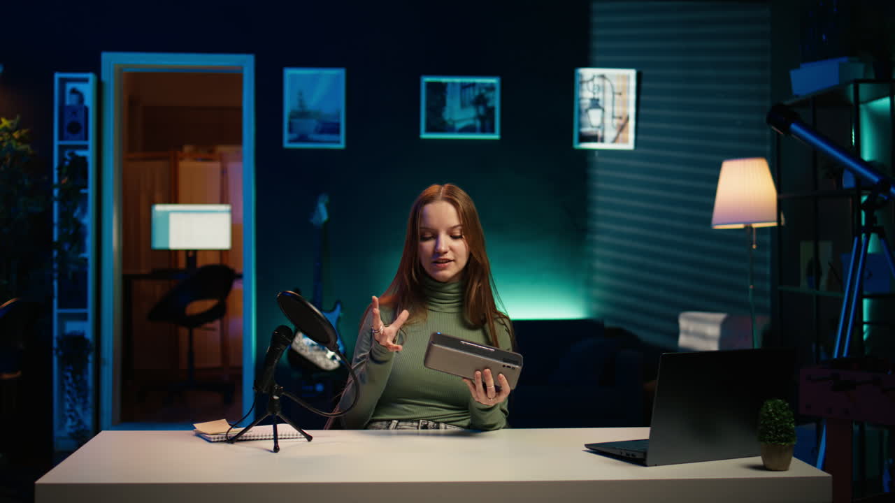 joven creador de contenido filmando un video sobre altavoces bluetooth