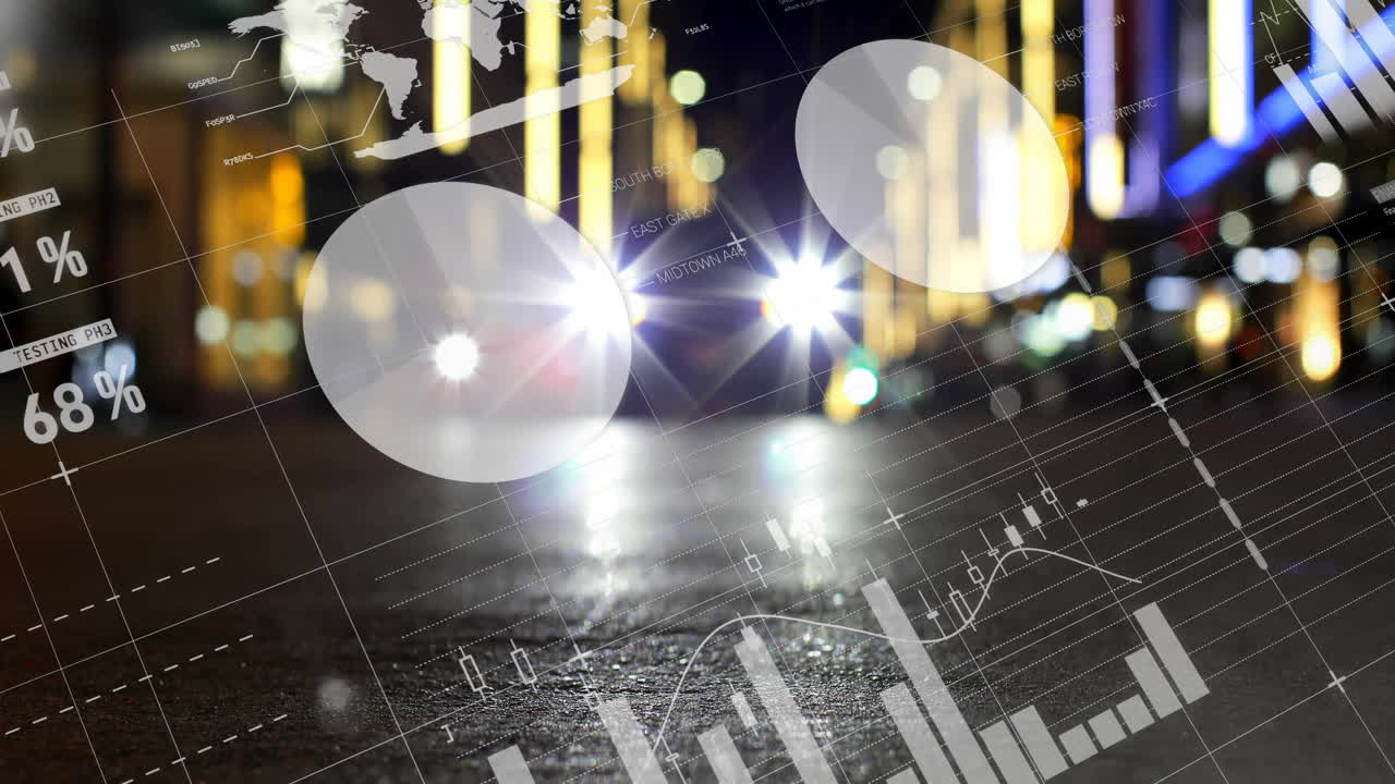 자동차 헤드라이트와 함께 모호한 도시 거리에 대한 글로벌 데이터 분석 애니메이션