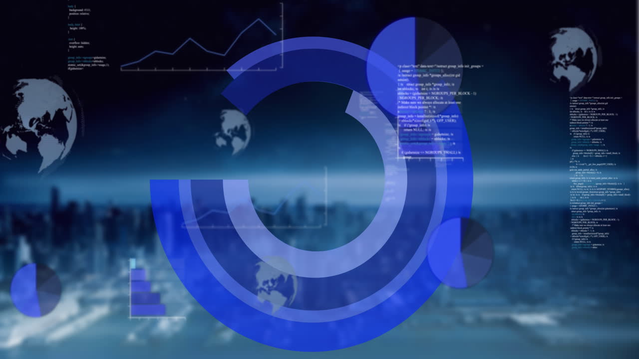 Animation of financial data processing over city