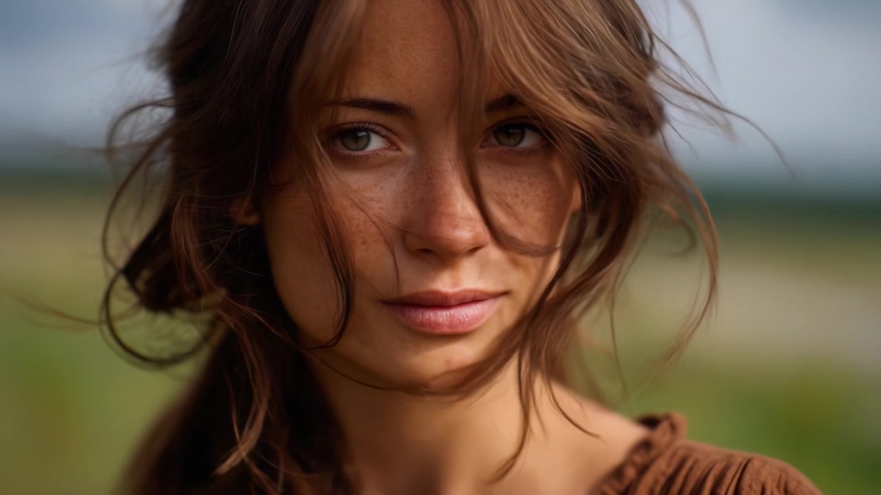 A Captivating Portrait of a Young Woman with Freckles and Flowing Hair in a Natural Outdoor Setting, Radiating Beauty and Serenity Amidst a Gentle Breeze