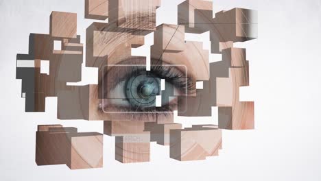 multiple wooden blocks over close up of female eye against grey background