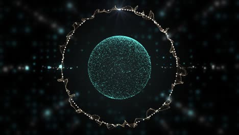 un globo transparente flotante con un círculo brillante y ardiente en un corredor de polvo mágico sobre un fondo oscuro.