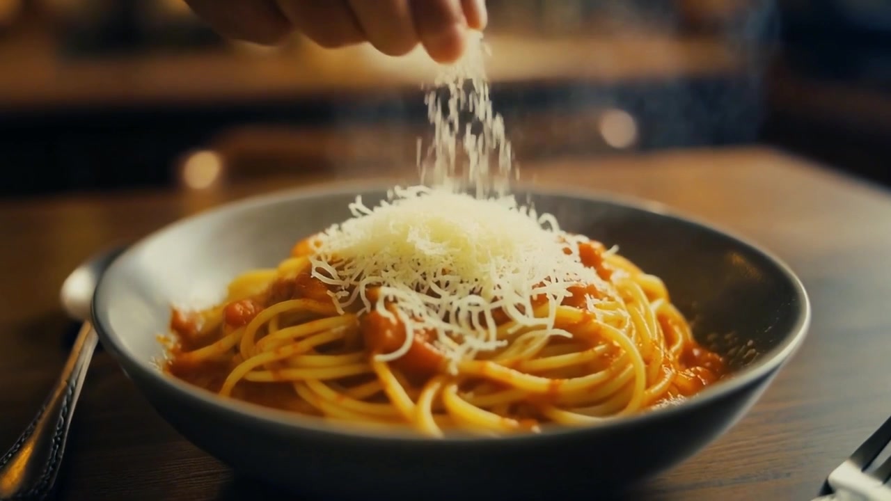 Mano che grattugia Parmigiano fresco su un piatto di spaghetti