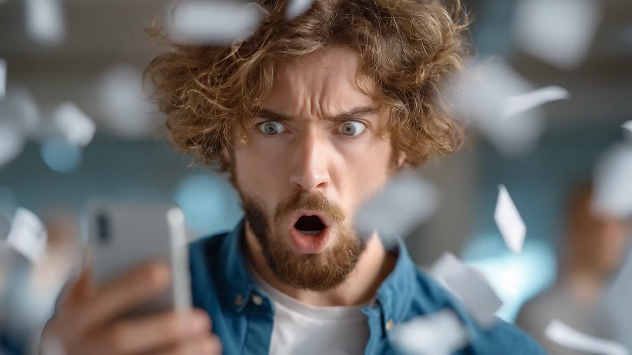 Astonished Reaction: Captured Surprise as a Young Man Gazes at His Mobile Screen, Overwhelmed by Unexpected News Amidst a Flurry of Paper Around Him