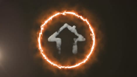 animation of ring of fire with house icon of smoke inside it and glowing spot on grey background