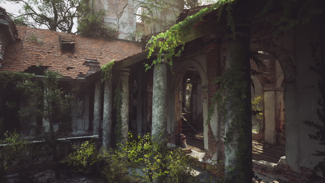 Abandoned building overtaken by nature in a tranquil setting