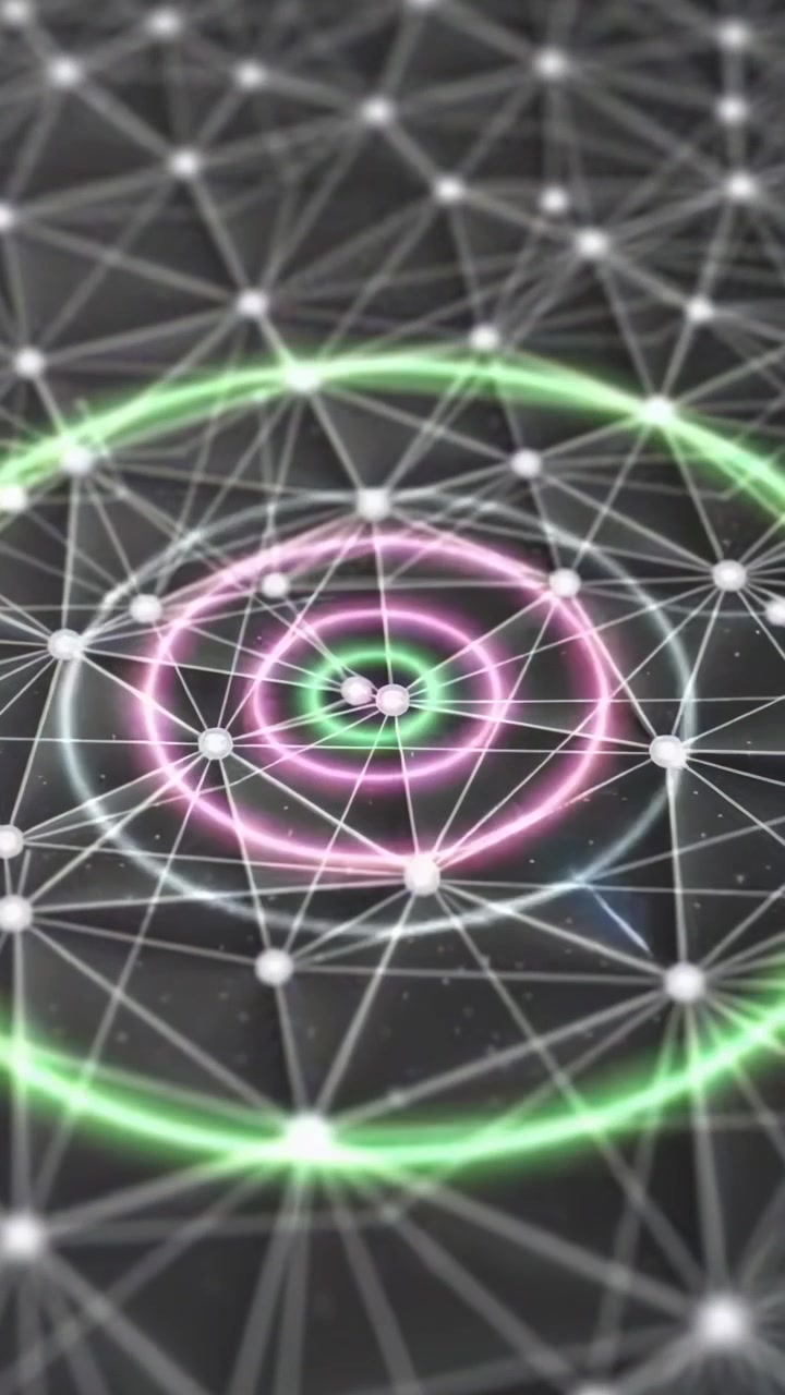 Abstract Digital Network with Glowing Nodes and Expanding Rings