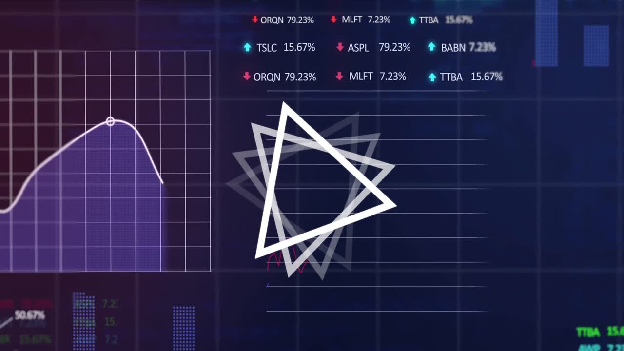 forma triangular abstracta sobre el mercado de valores y el procesamiento de datos financieros sobre fondo azul