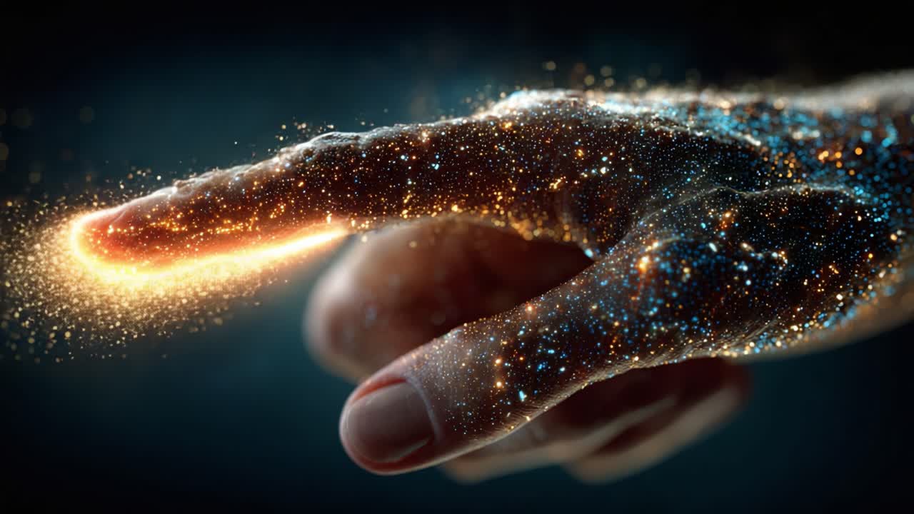 Uno sguardo nel cosmo: Catturare la magia di una mano sfiorata da stelle e galassie, collegando infinitamente l'universo all'esperienza umana