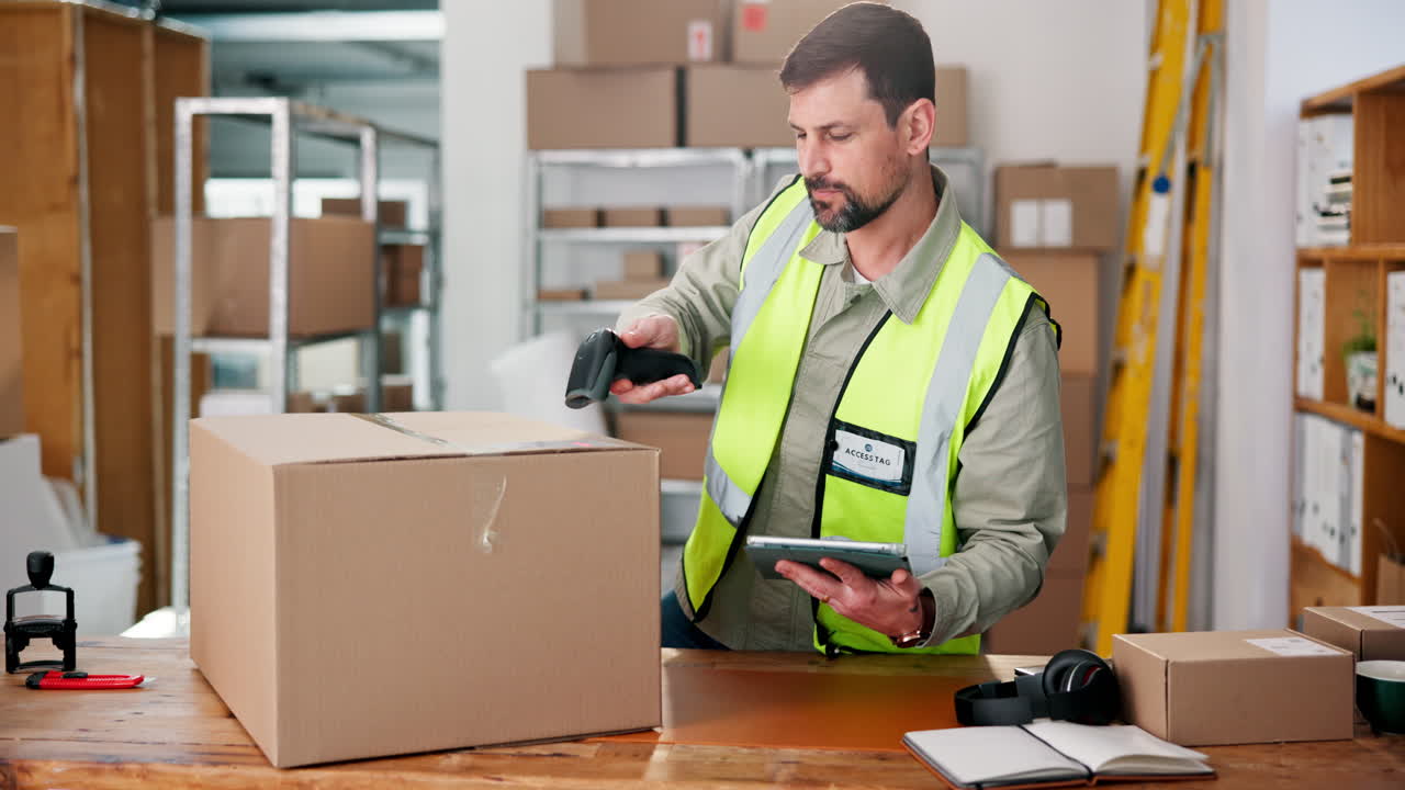 Warehouse worker scanning a package in a warehouse