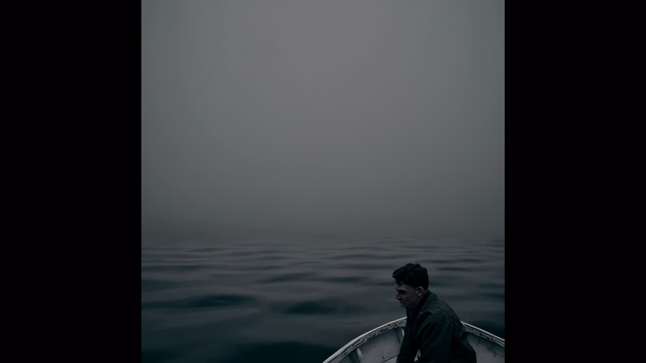 Uomo in barca su un mare nebbioso
