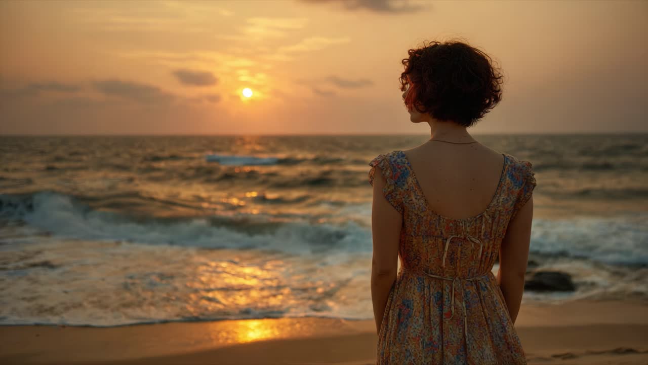 A Serene Sunset Moment: A Young Woman Contemplates Life by the Ocean Waves, Bathed in the Warm Glow of Dusk with Nature's Beauty Surrounding Her