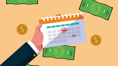 tax day animation with hand lifting calendar and money dollars