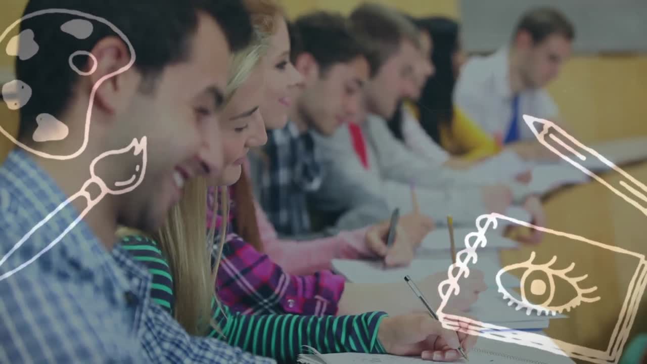 múltiples iconos de concepto de arte contra un grupo de estudiantes universitarios que estudian en la clase en la universidad