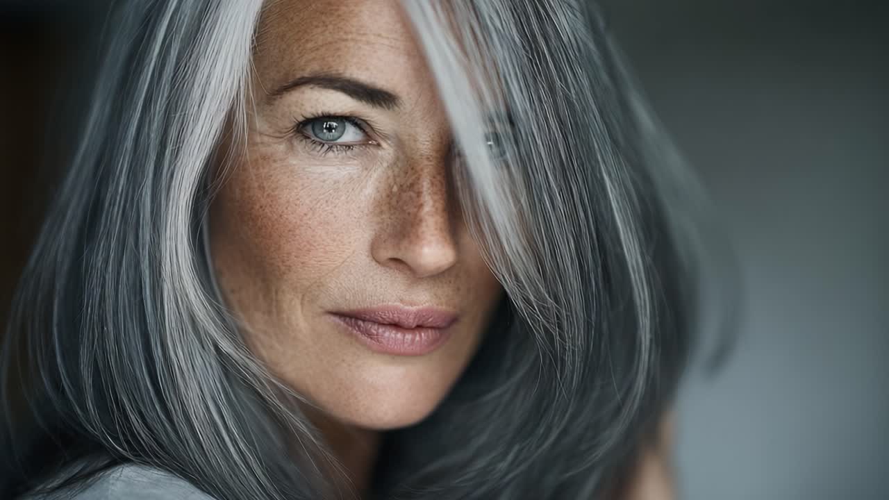 Ritratto accattivante di una donna matura con splendidi capelli grigi, che emana sicurezza e bellezza naturale in una luce soffusa