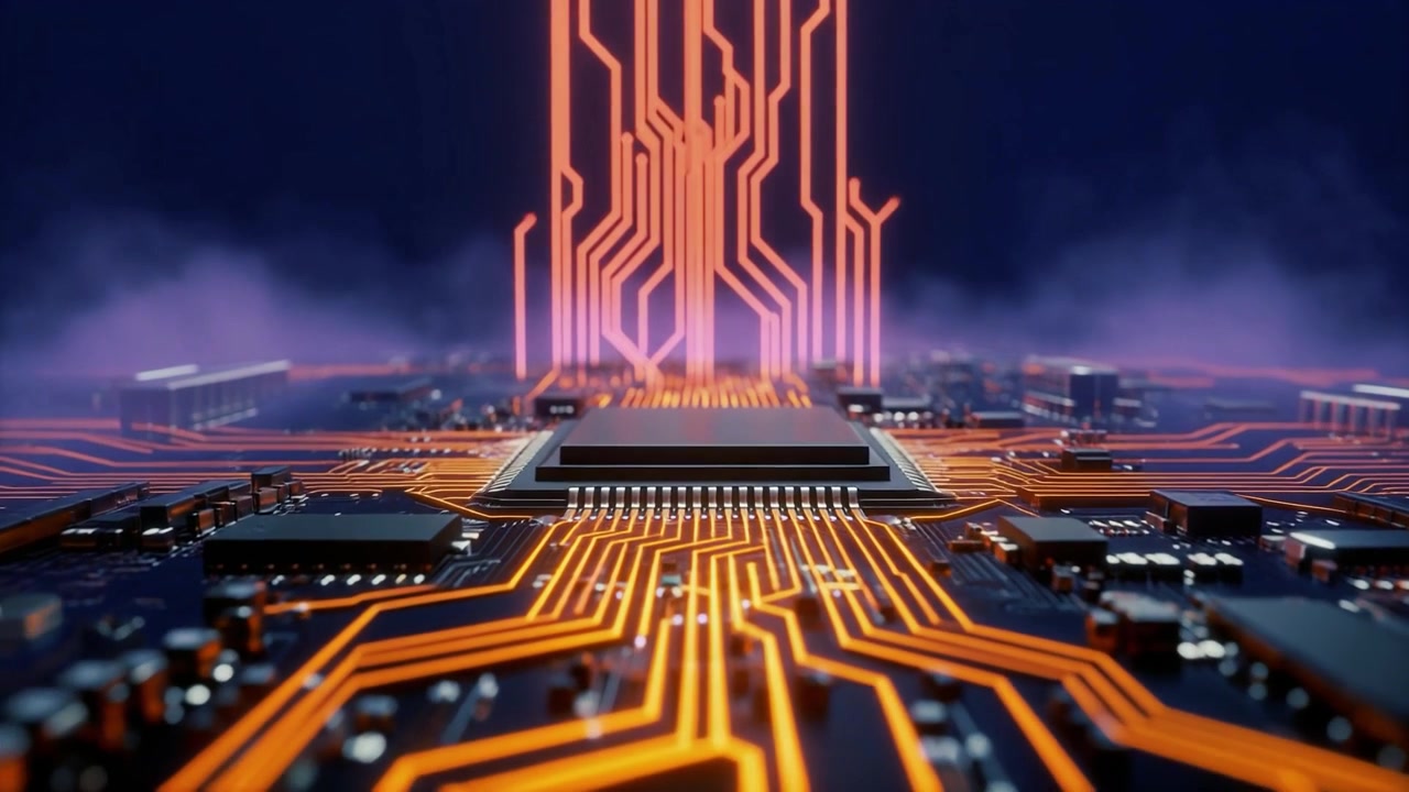 Digitalt printkort med glødende datastrøm og processor