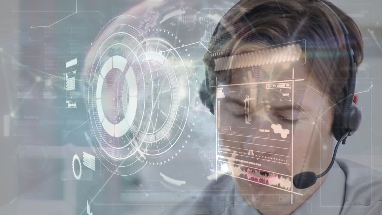 animación del alcance y el procesamiento de datos sobre empresario caucásico usando auriculares de teléfono