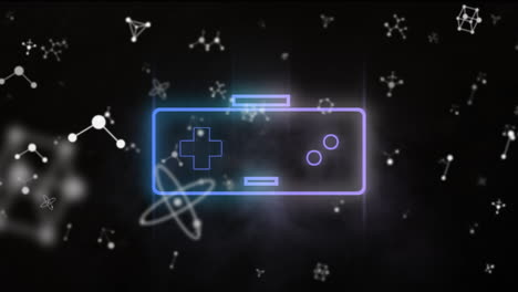 animación de redes blancas sobre un gamepad azul y púrpura sobre un fondo negro