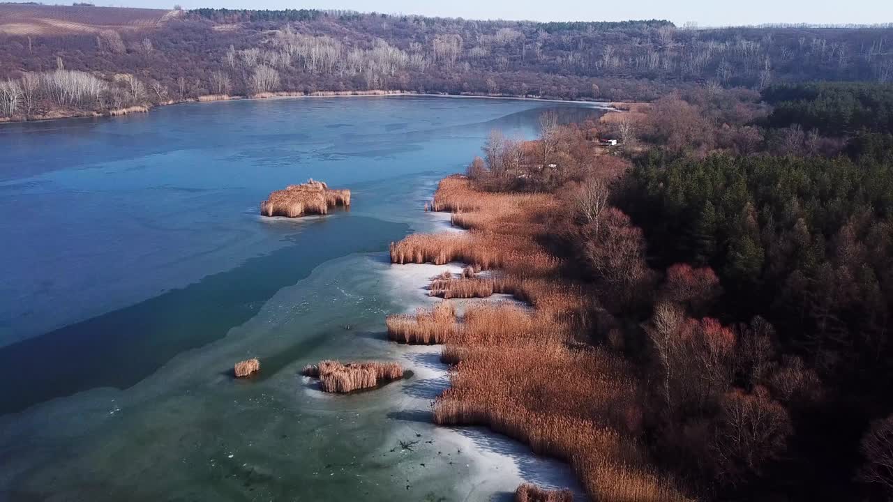 Letecký záběr krajiny stěží zamrzlého jezera s rákosím a borovicemi, Szűcsi, Maďarsko, Evropa