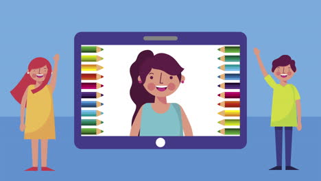 pequeño grupo de estudiantes con tabletas de aprendizaje electrónico personajes de animación