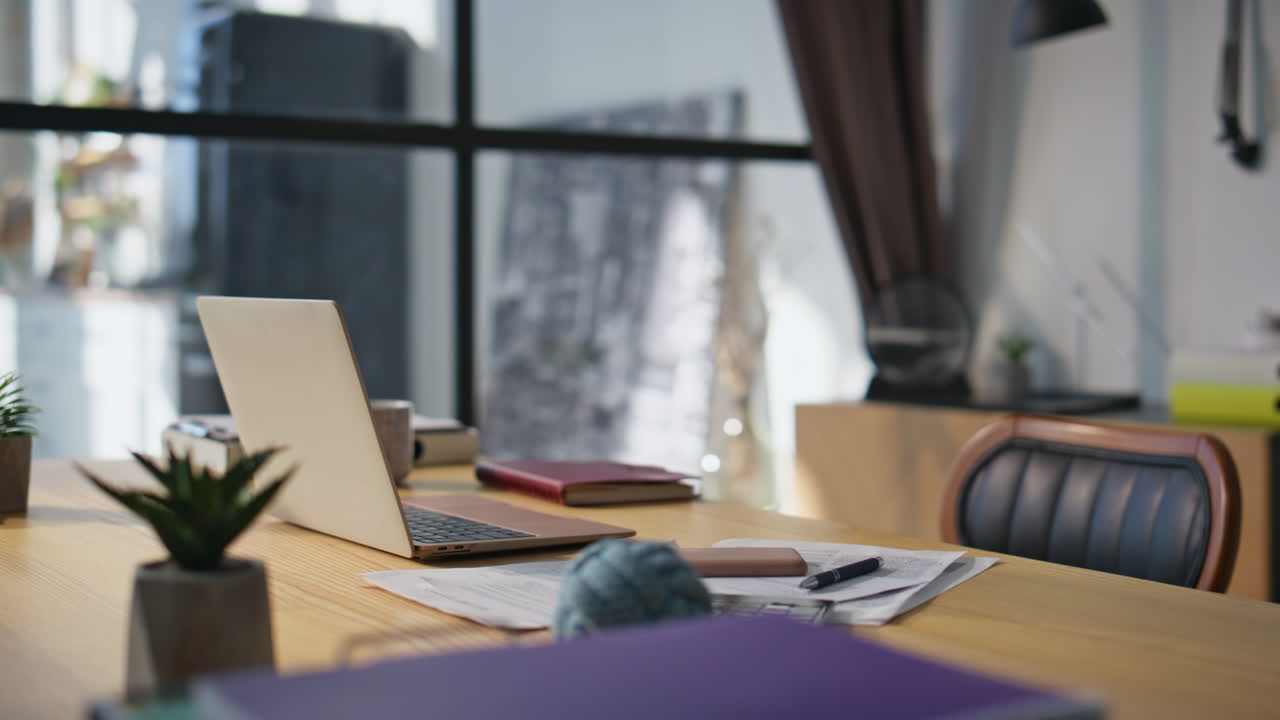 Working computer standing desktop in empty cabinet closeup. Modern workplace