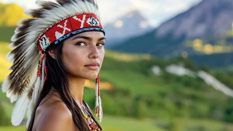 a woman wearing a native american headdress standing in front of a mountain