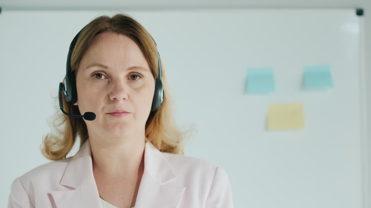 entrenador de negocios confiado con auriculares conduce una conferencia en línea