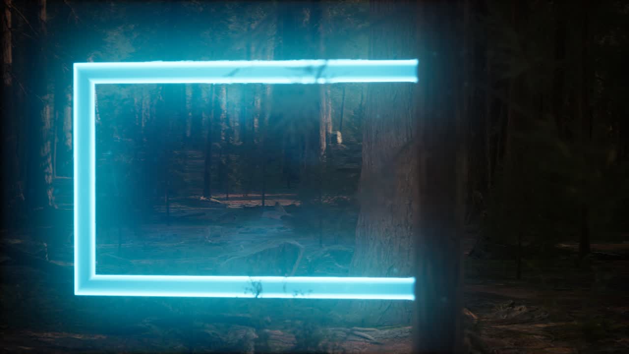 marco rectangular brillante de neón en el bosque nocturno