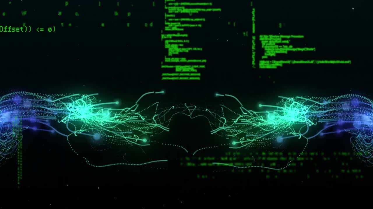 Animation of data processing in green on black background with green lights