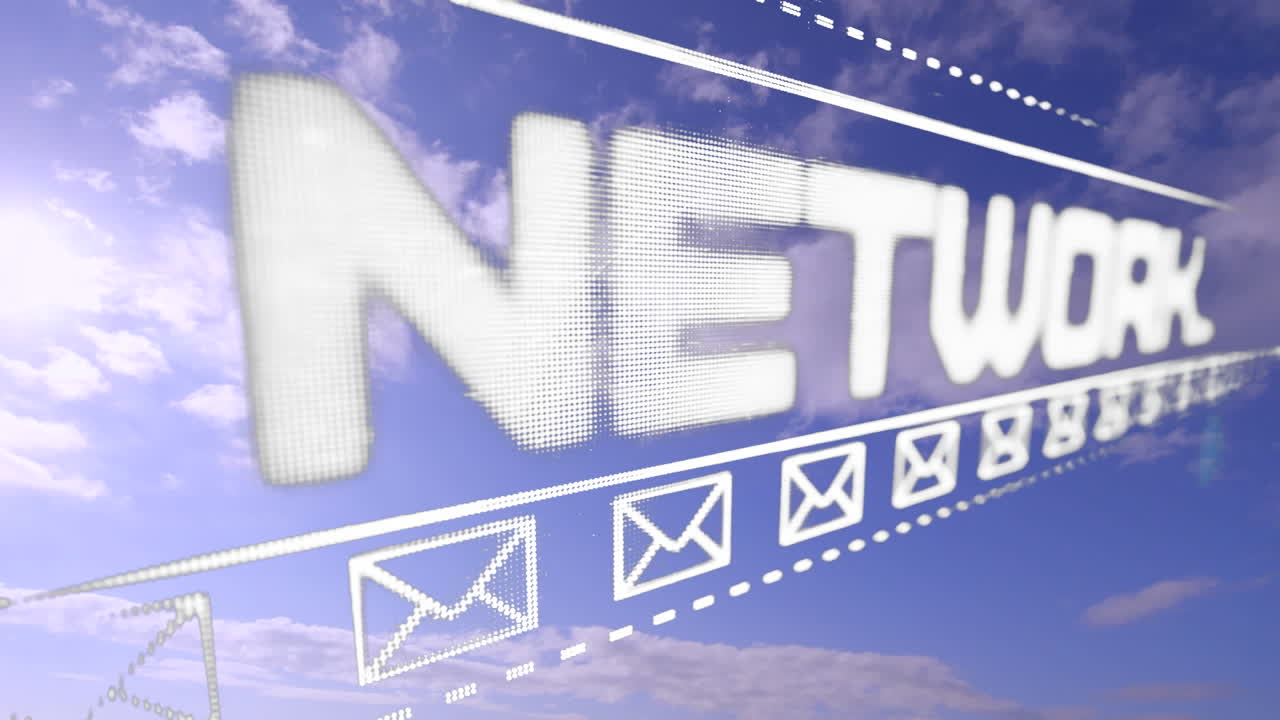 하늘 위의 네트워크 텍스트 및 메일 아이콘의 애니메이션