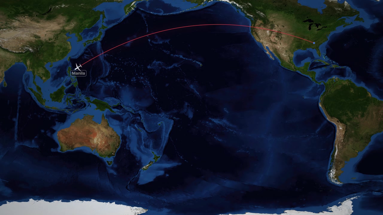 White airplane icon follows a red arc across a world map from Georgia to Philippines.