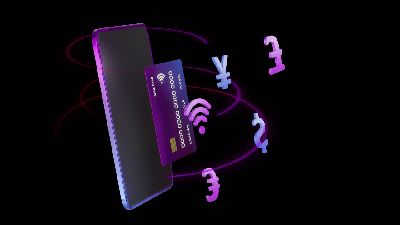 Animation of credit card and smartphone over black background