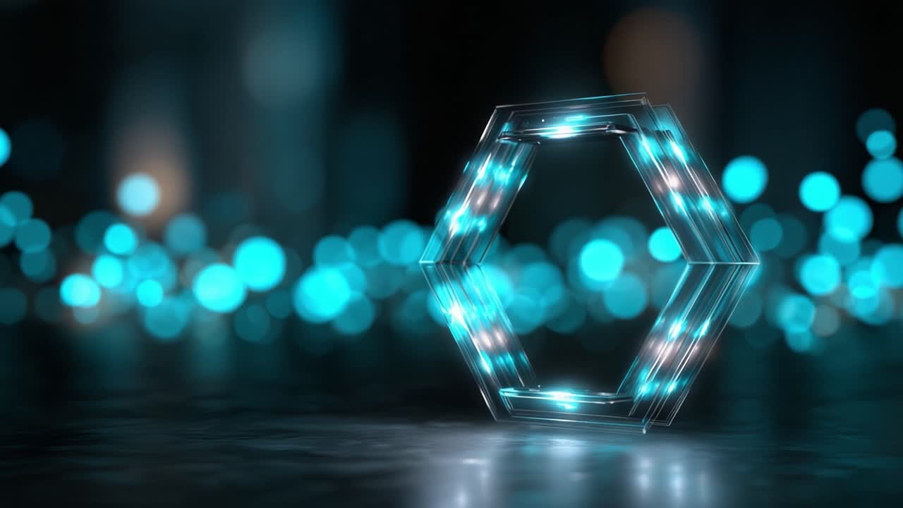 A Stunning Close-Up of a Glowing Hexagonal Shape Surrounded by Sparkling Blue Bokeh Lights, Capturing the Essence of Modern Digital Art and Design