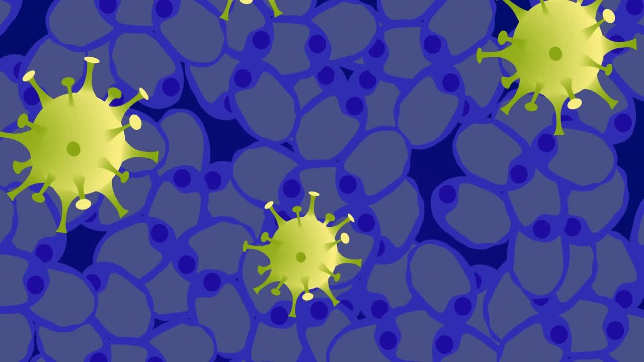 Animazione di virus gialli su cellule blu su sfondo blu scuro