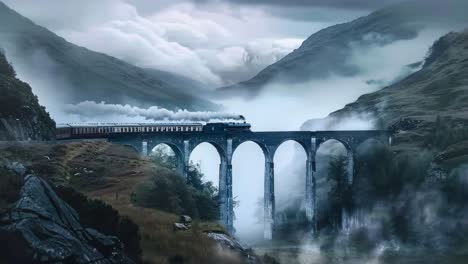 steam train through misty mountain viaduct