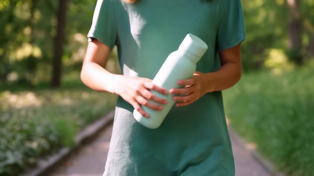 Giovane persona con una camicia verde a maniche corte casual che tiene una borraccia riutilizzabile color menta con entrambe le mani all'altezza della vita su un sentiero di un parco boscoso, inquadrata a mezzo busto con luce diurna soffusa e texture naturali