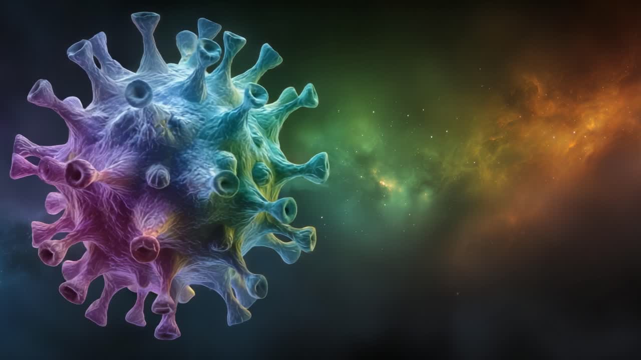 Detailed Visualization of a Coronavirus Particle, Theme Exploring its Structure, Function and Impact in a Colorful Cosmic Background