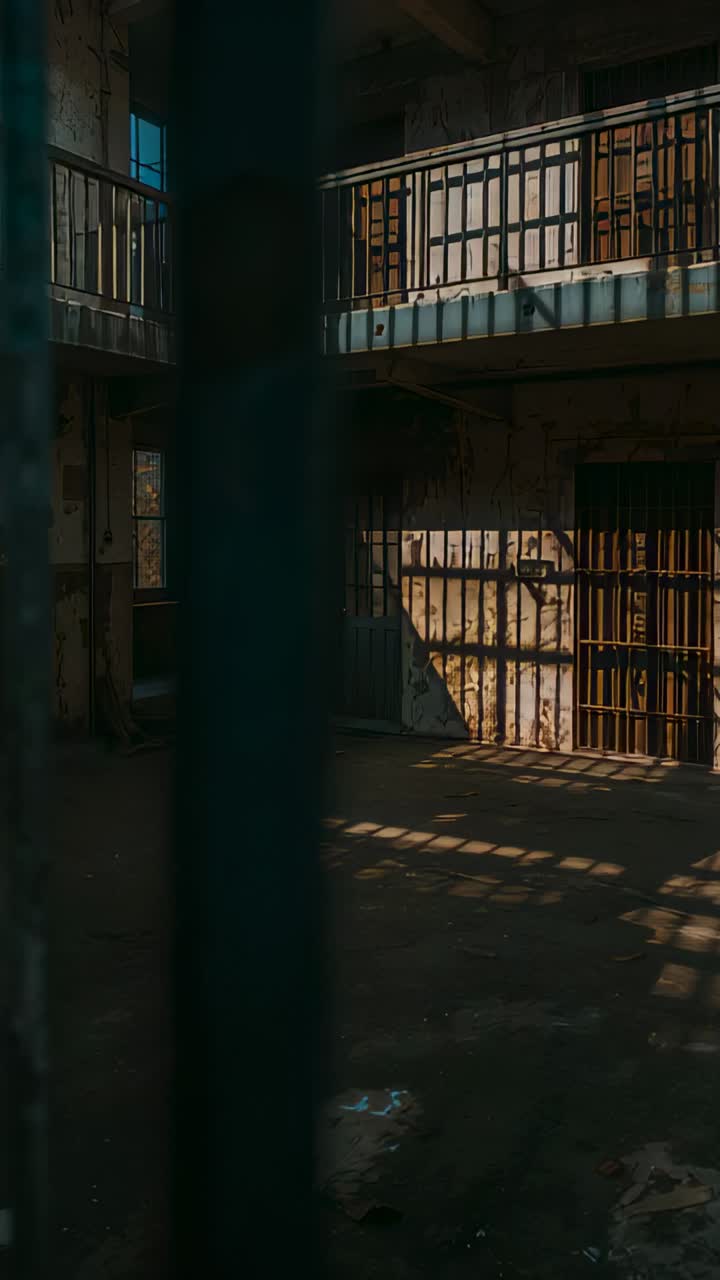 Vertical video: Sunlight shifting as drifting camera showing metal bar and barred doors in prison